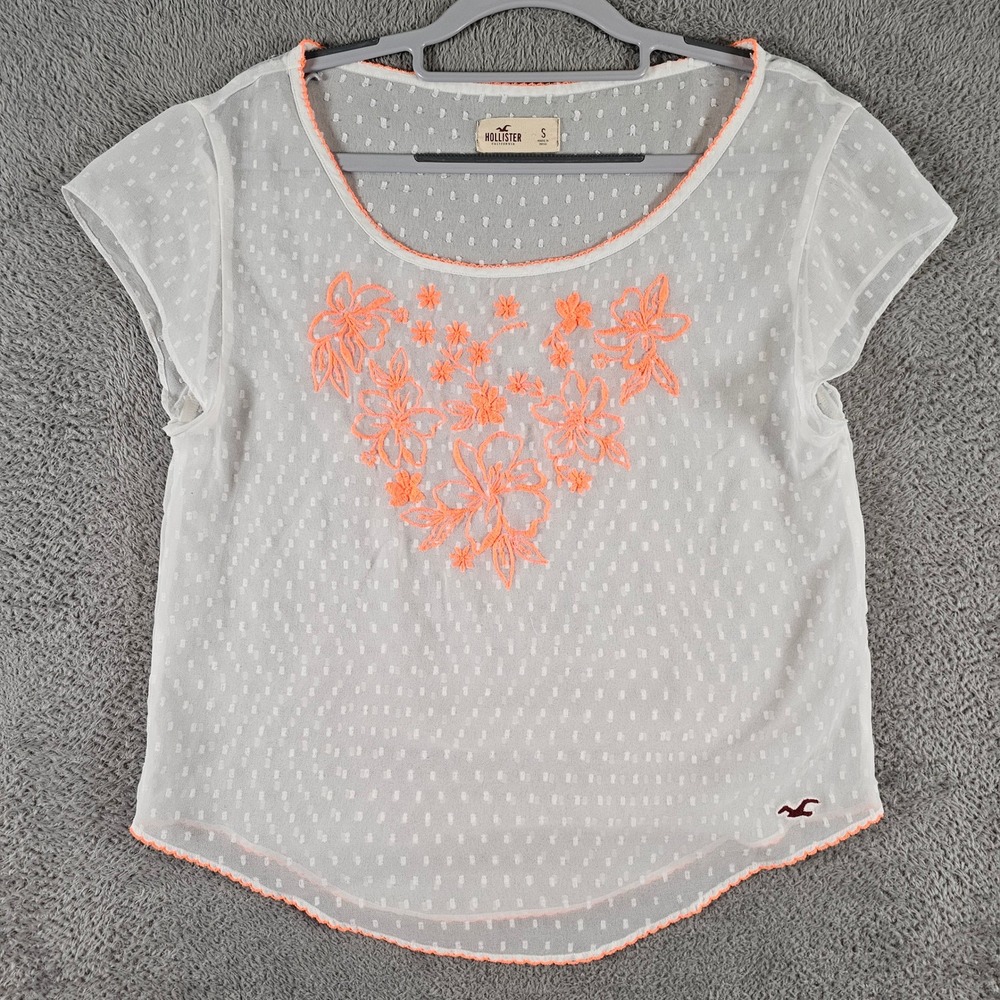 Hollister White Clip Dot Sheer Blouse Neon Orange Floral Embroidery Small